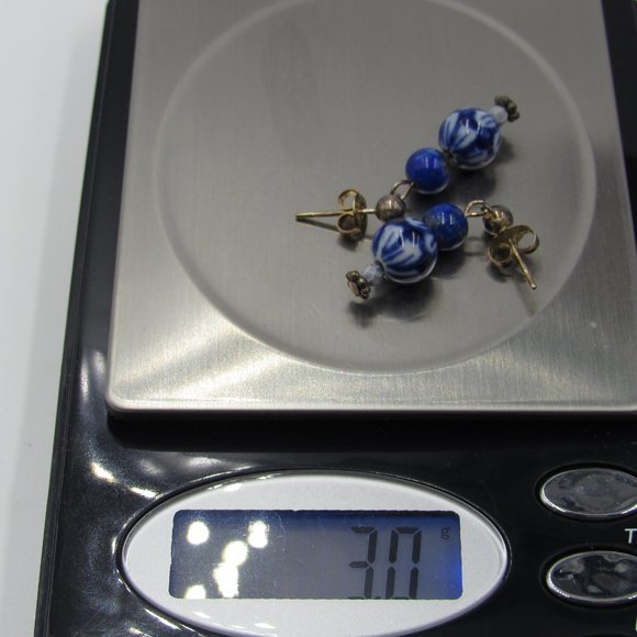 Sterling Silver Blue Glass Dangle Earrings Vintage - Picture 4 of 4